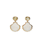 Shell-shaped earrings with gold accents and clear stones on a white background