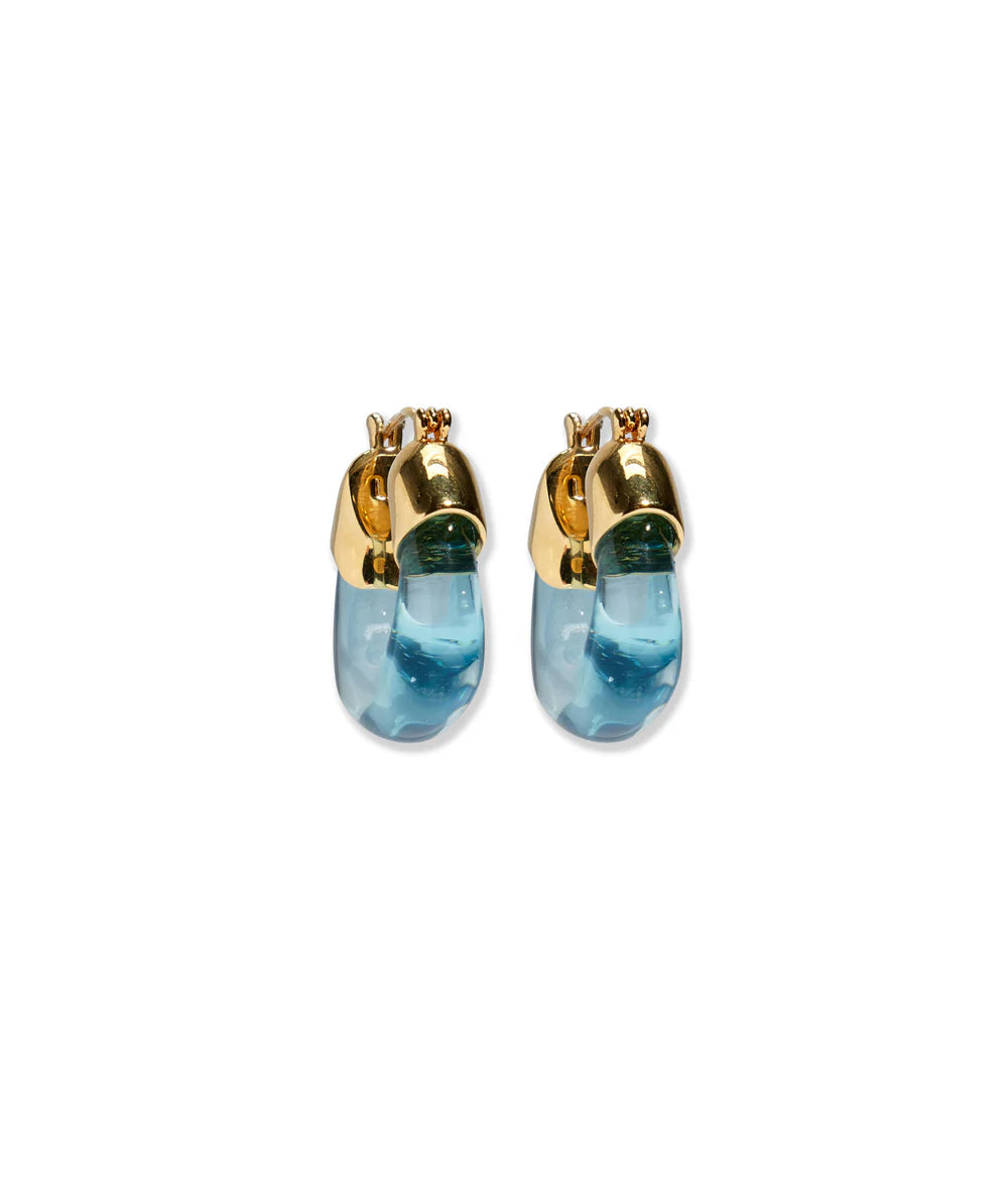 Pair of earrings with gold tops and blue下半部分 on a white background