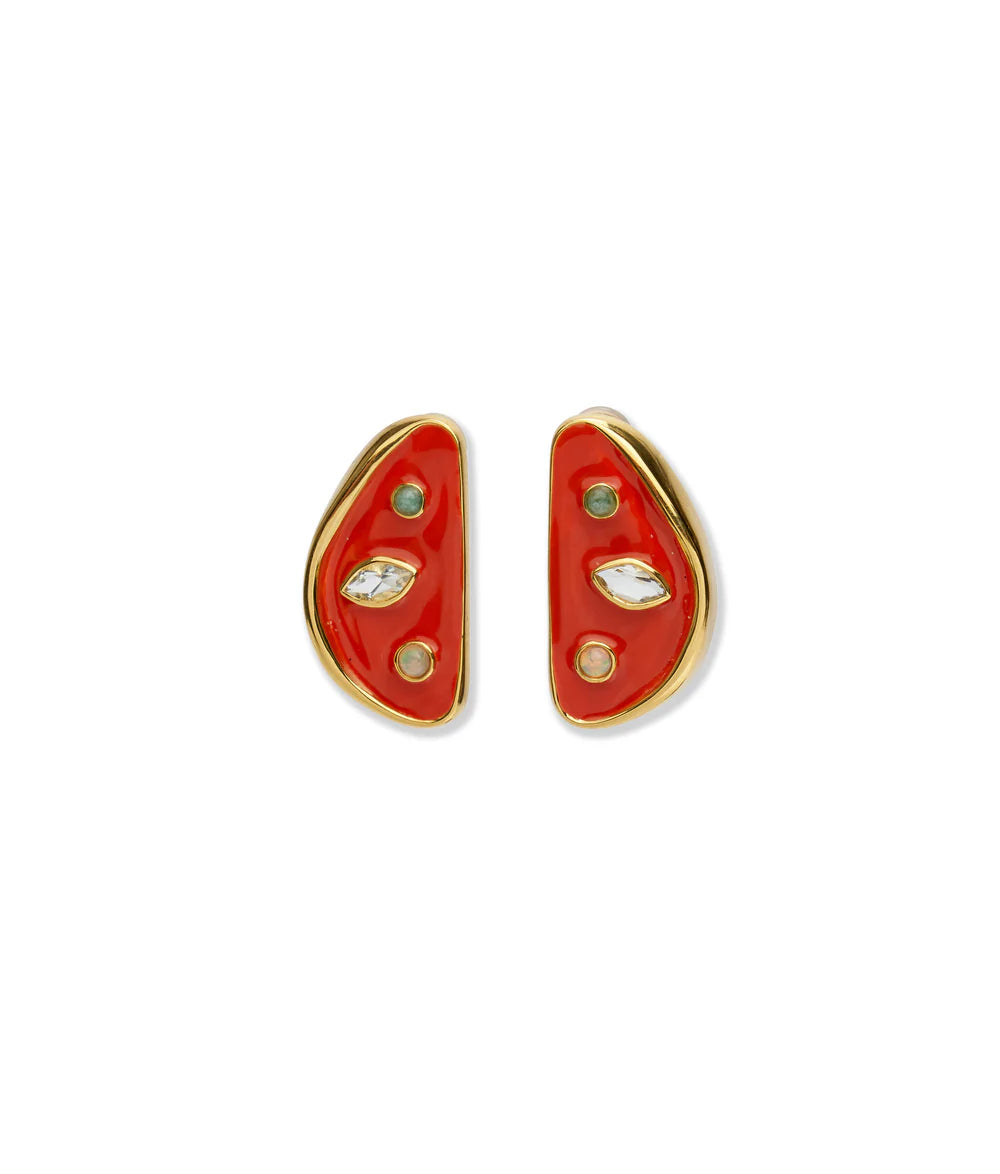 Red earrings with gold accents on a white background