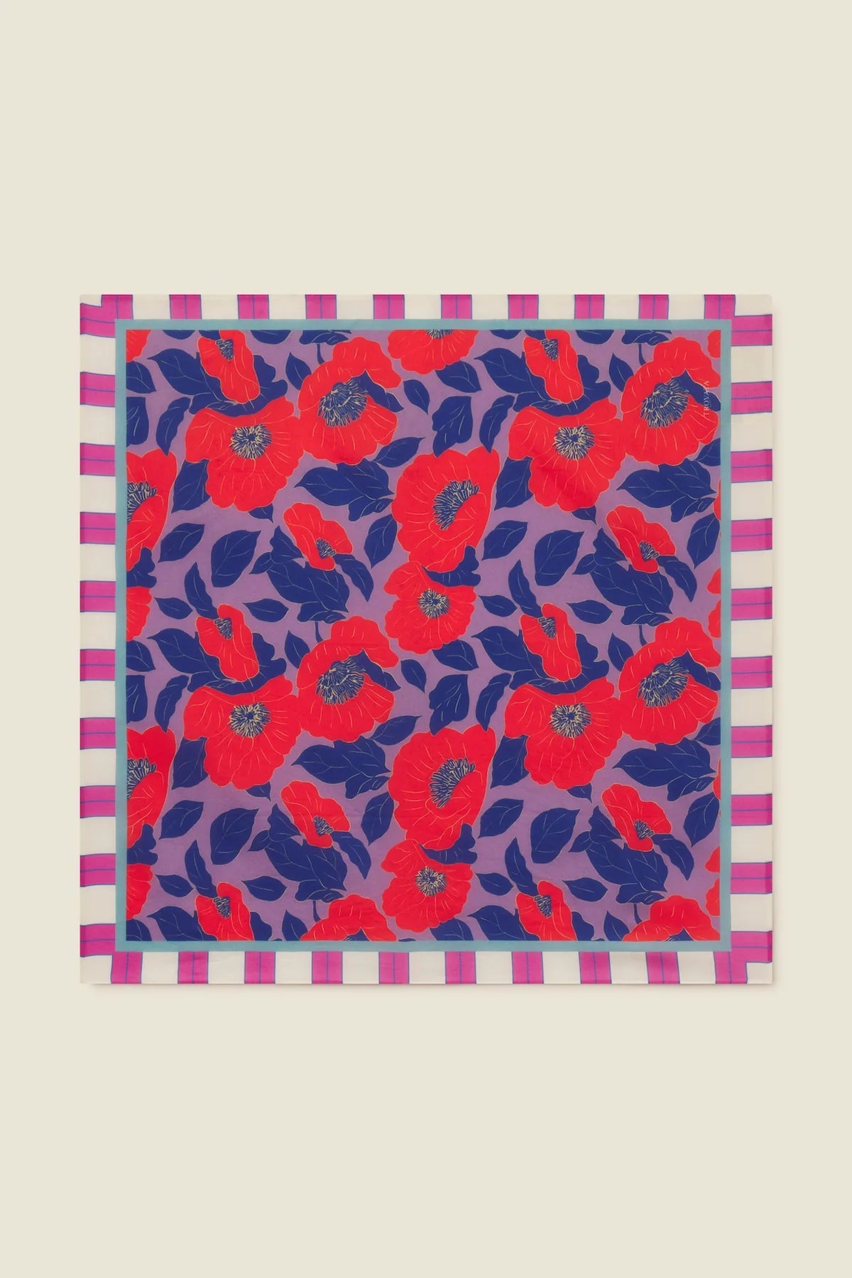 Square fabric sample with red and blue floral pattern on a purple background