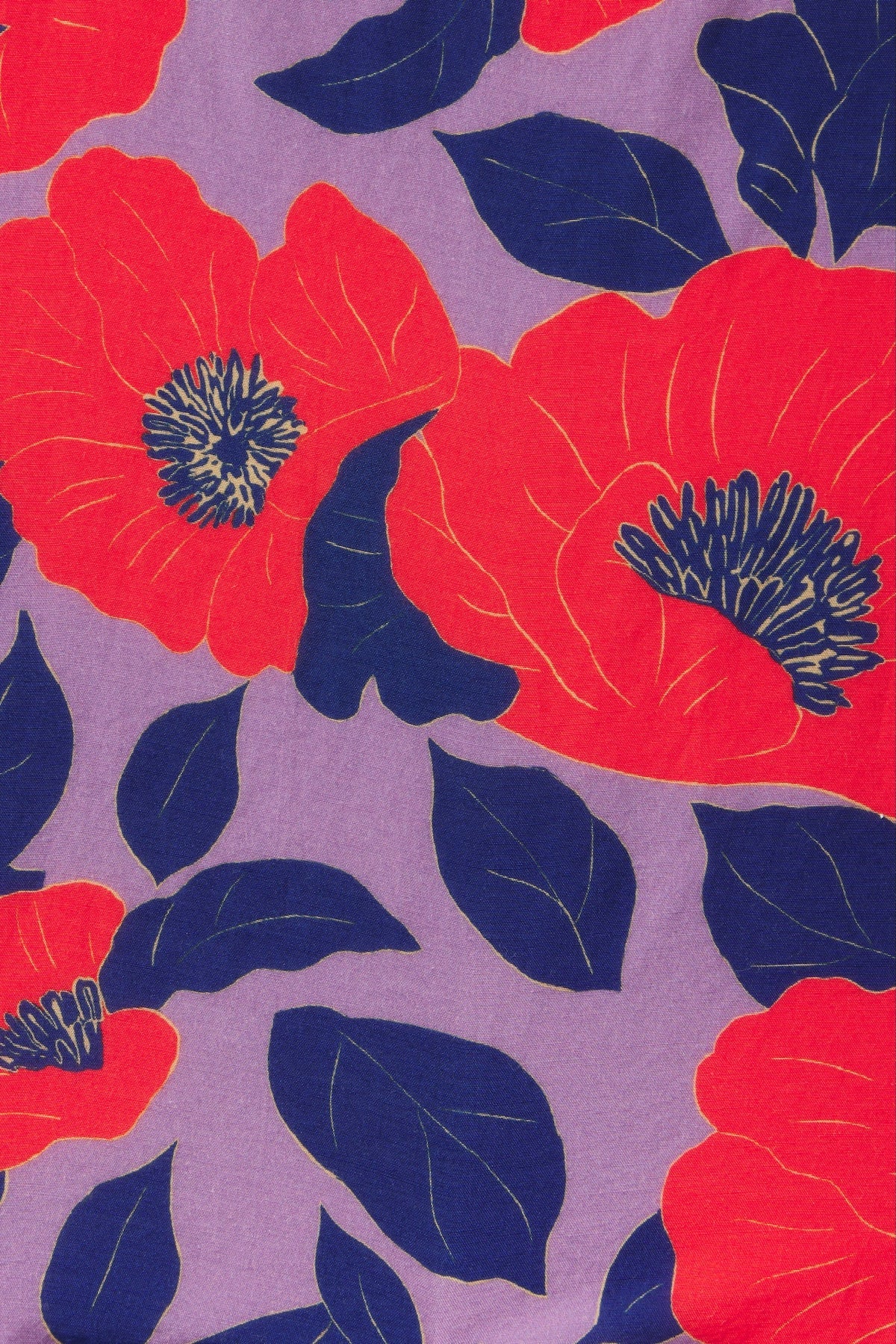 Pattern of red flowers with blue leaves on a purple background