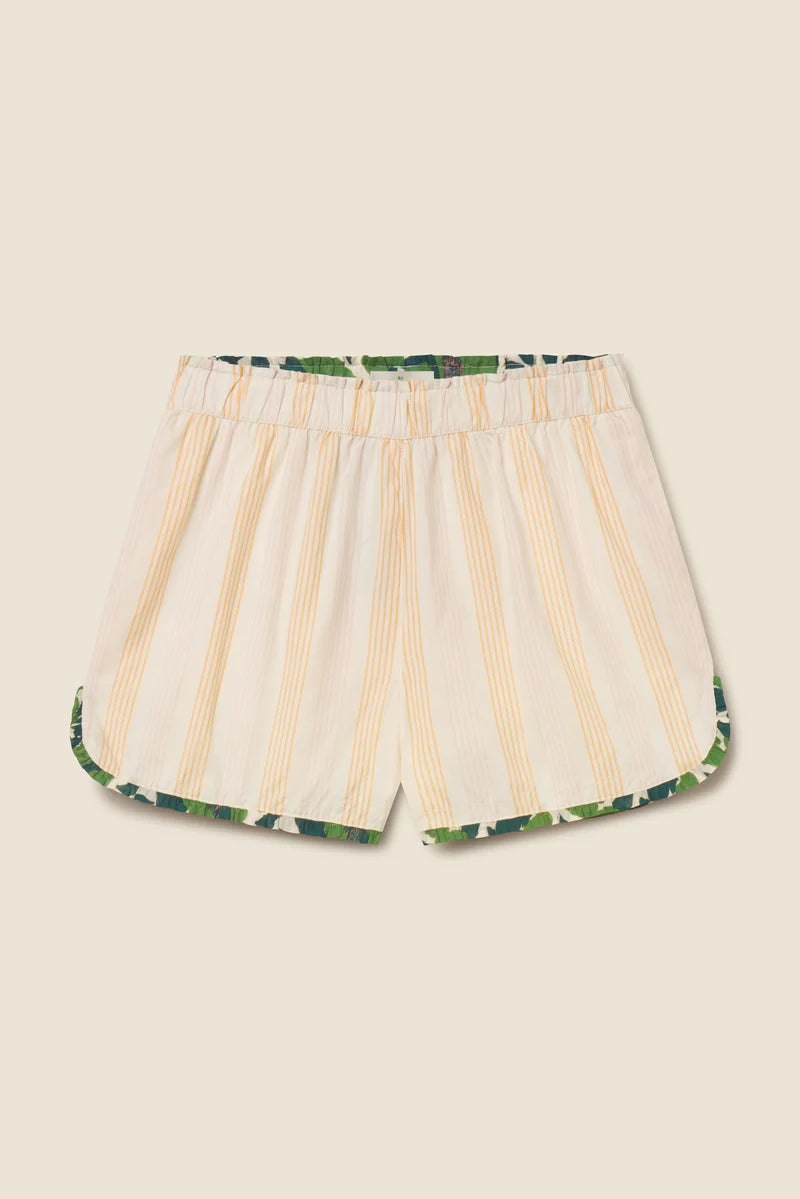 Striped shorts with a floral pattern on a beige background