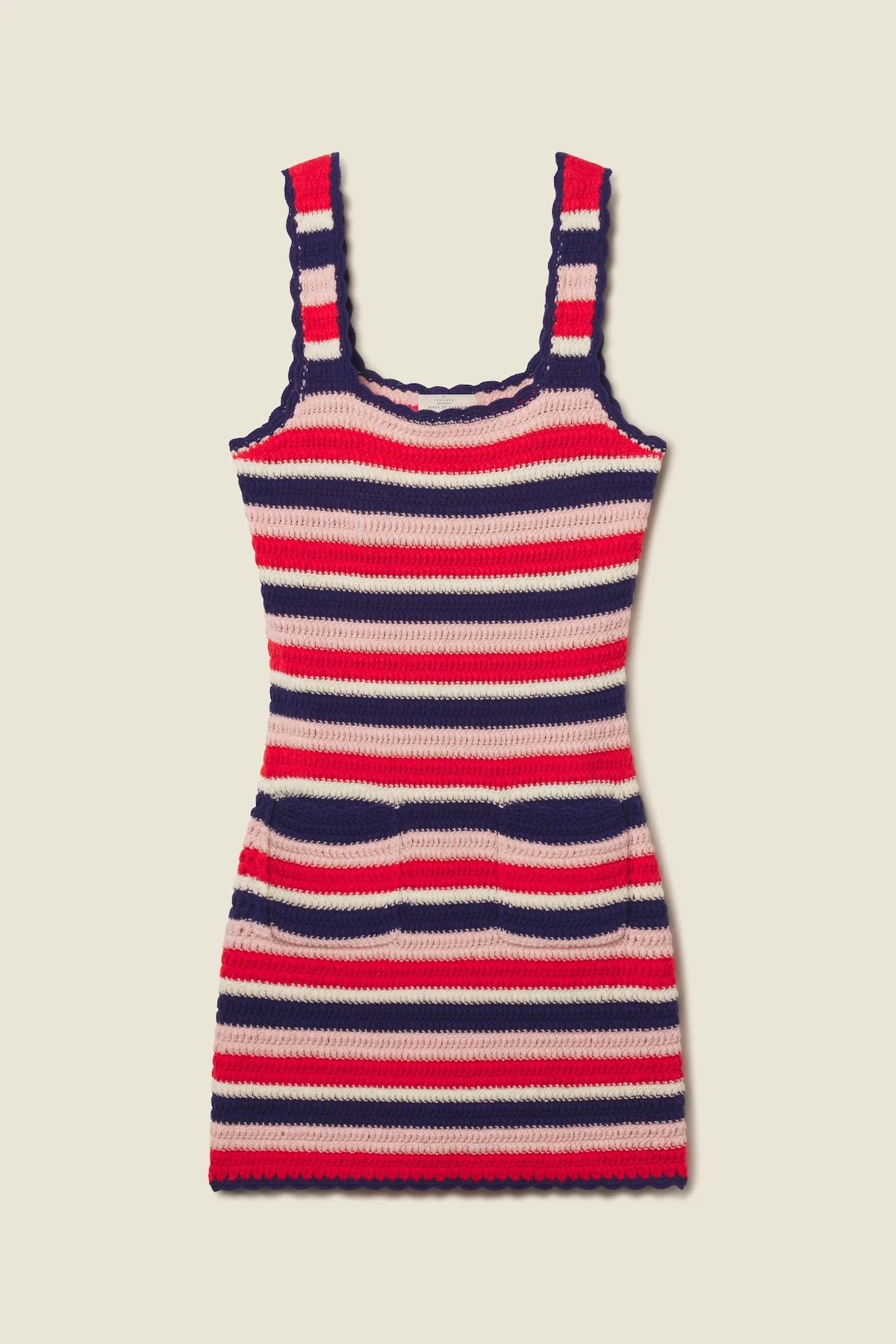 Striped dress with red, blue, and beige colors on a beige background