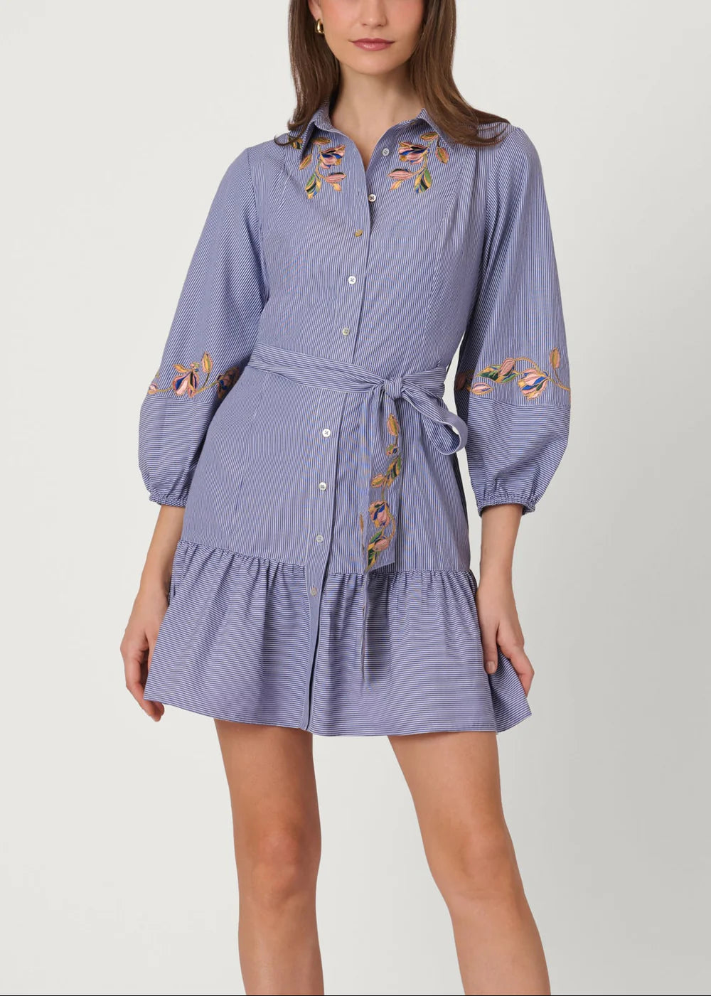 Woman wearing a light blue dress with floral embroidery on a white background