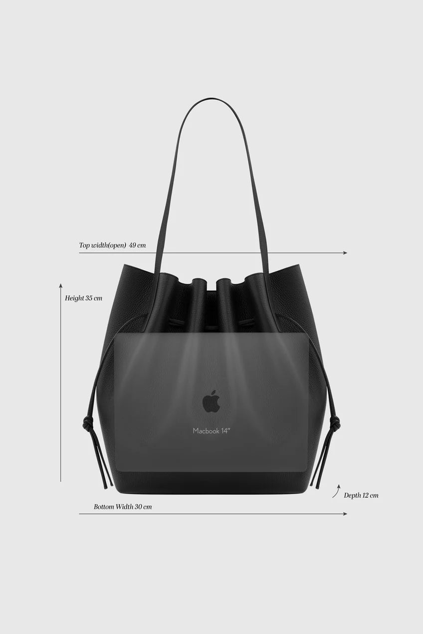 Black tote bag with Apple logo and measurements on a white background