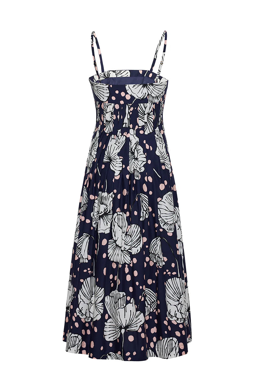 Navy dress with floral pattern on a white background