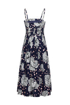Navy dress with floral pattern on a white background