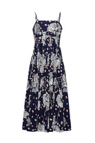Navy blue dress with floral pattern on a white background