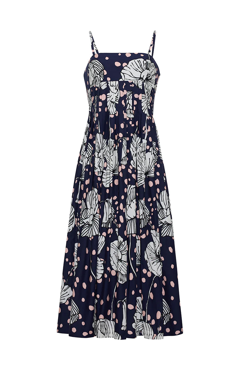 Navy blue dress with floral pattern on a white background