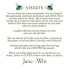 Text about sisters with bee illustrations and Jane Win signature.