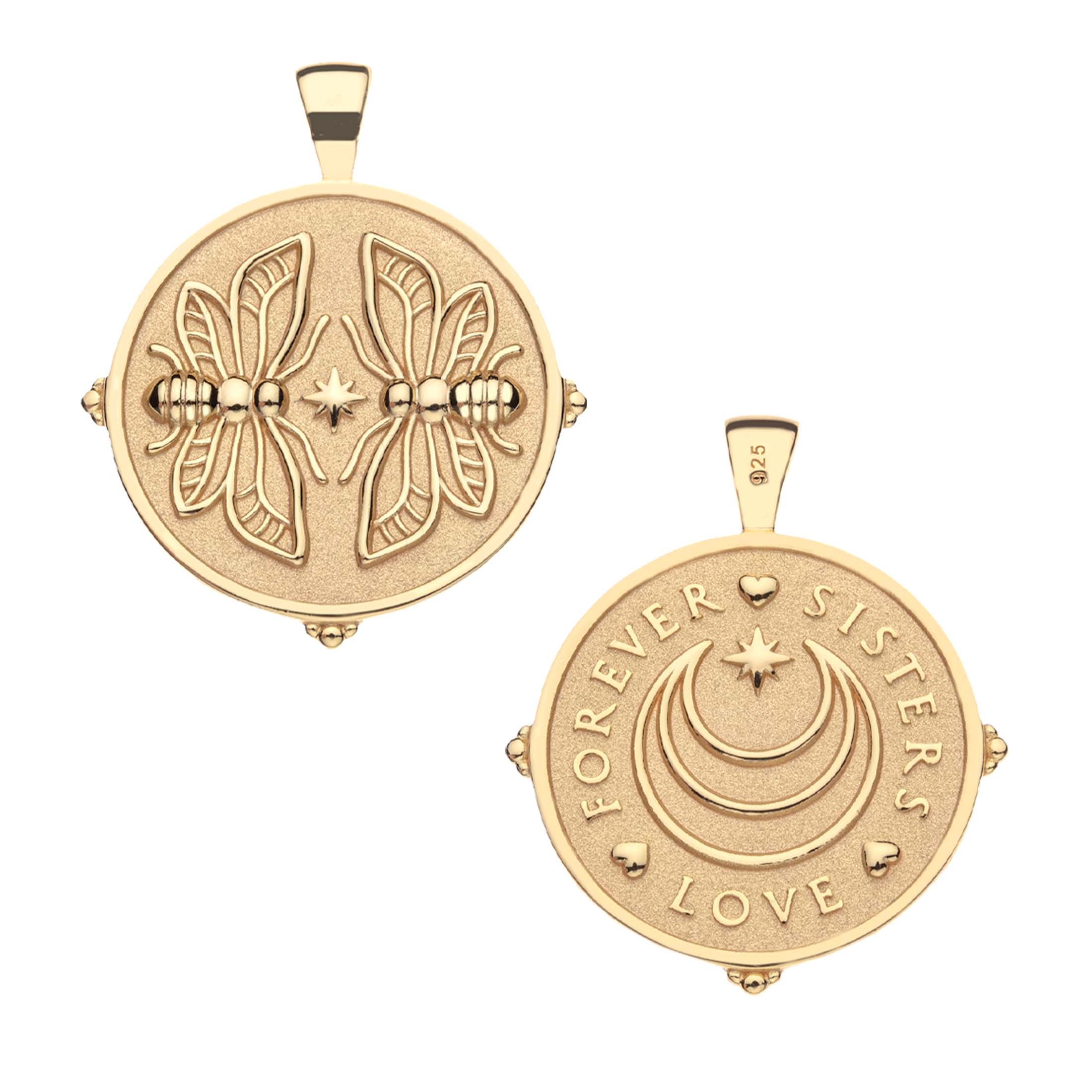 Two gold pendants with butterfly design and 'Forever Sisters Love' engraving on a white background