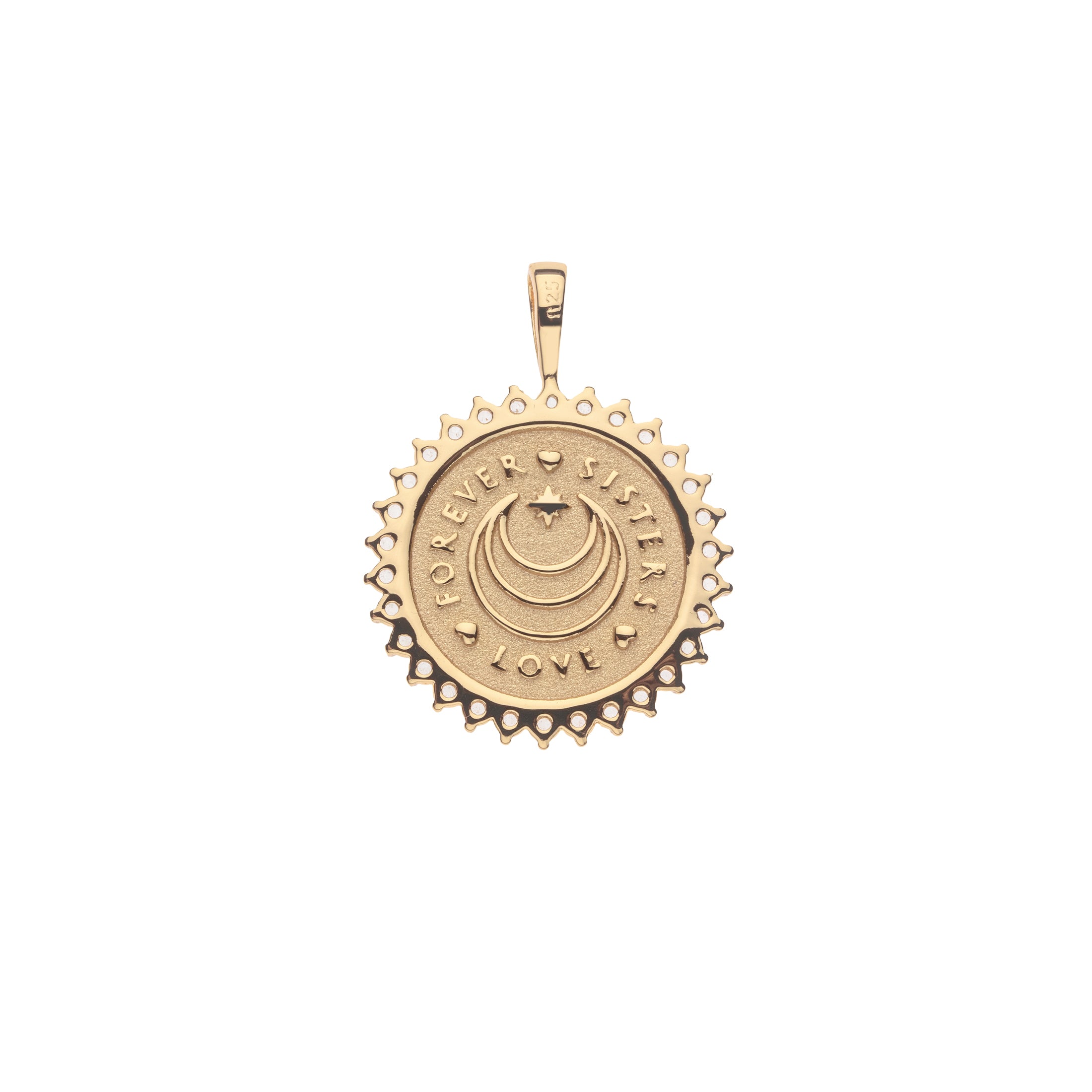 Gold pendant with engraved text on a white background