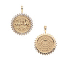 Two gold pendants with intricate designs on a white background