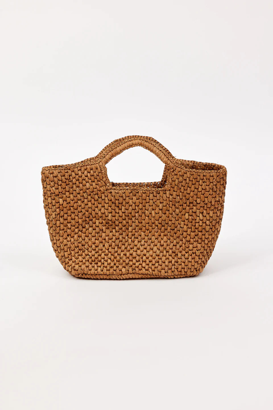 Brown woven handbag on a white background