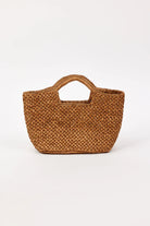 Brown woven handbag on a white background