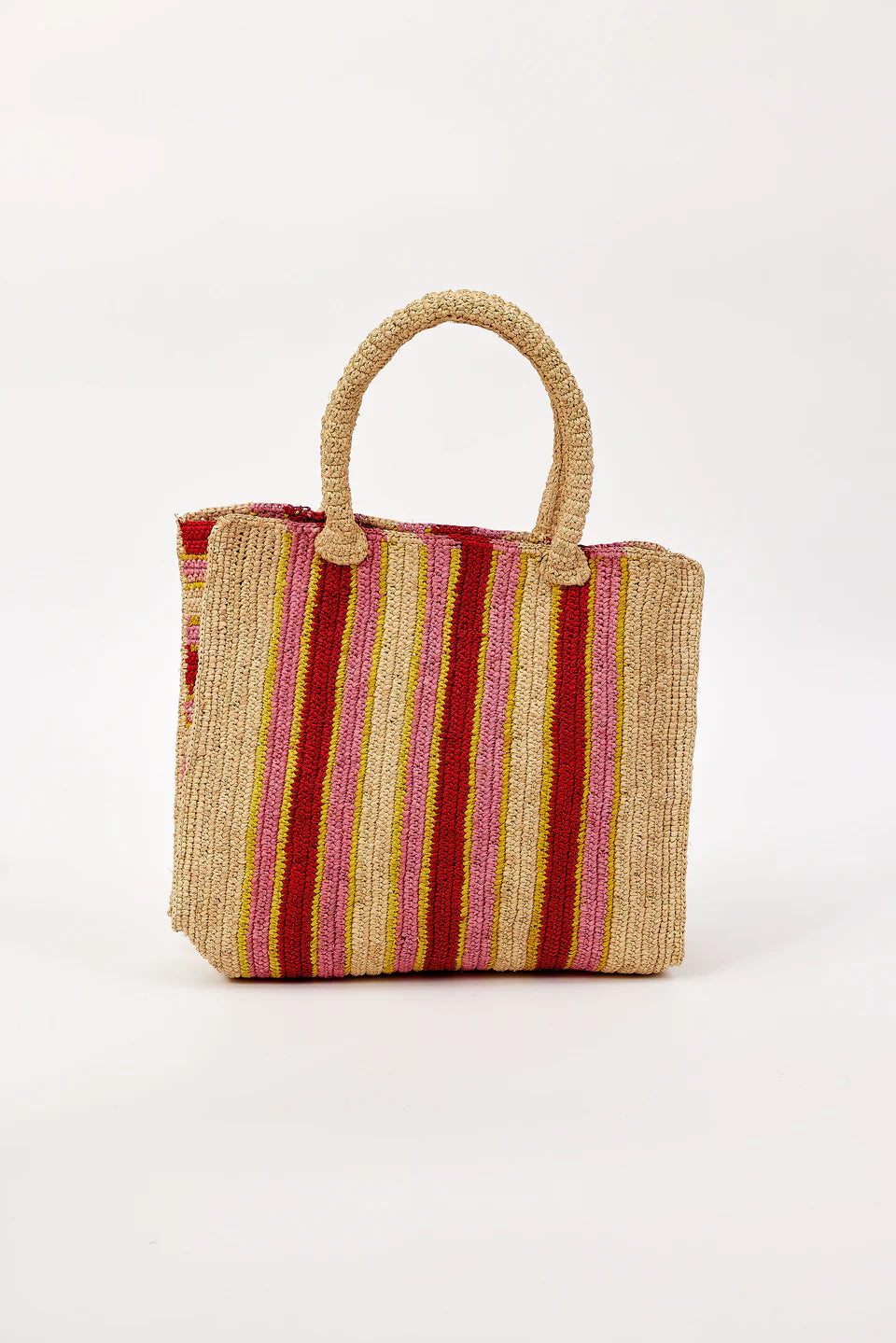 Woven bag with red and yellow stripes on a white background