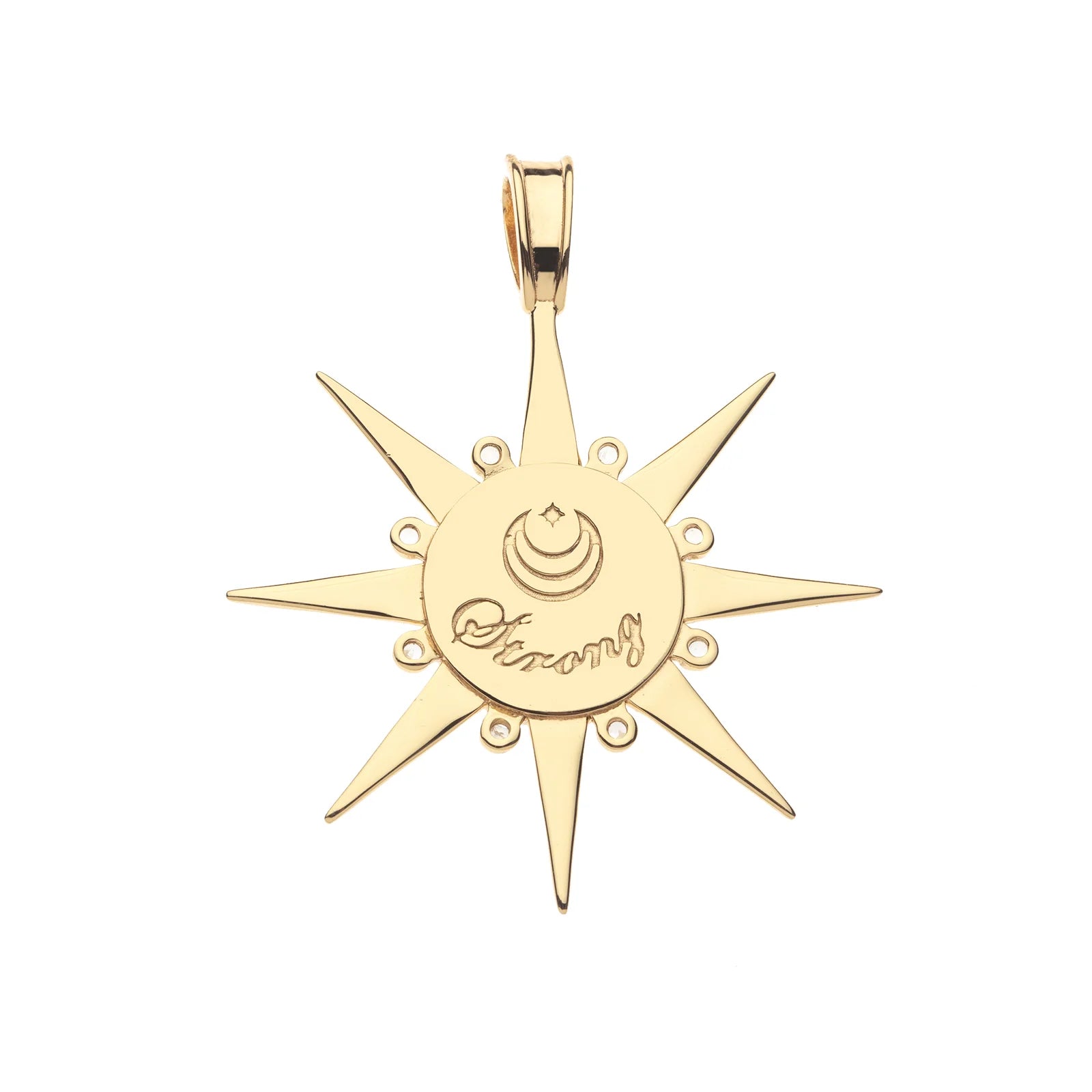 A gold-toned starburst pendant with a central crescent and star motif, featuring the engraved script brand name 'Socorro' on the face, shown against a plain white background.
