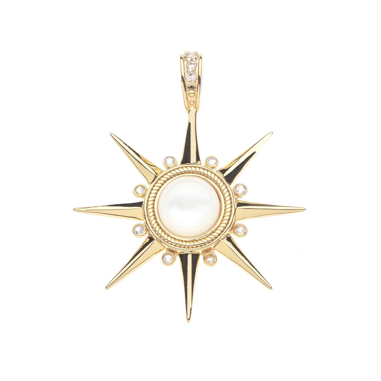 A gold starburst pendant featuring a central white pearl surrounded by small clear stones, with a bail set with clear stones at the top, shown on a plain white background.