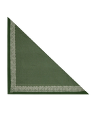 A dark green square scarf with a repeating small white geometric pattern and a decorative border, folded into a triangle shape on a plain white background.