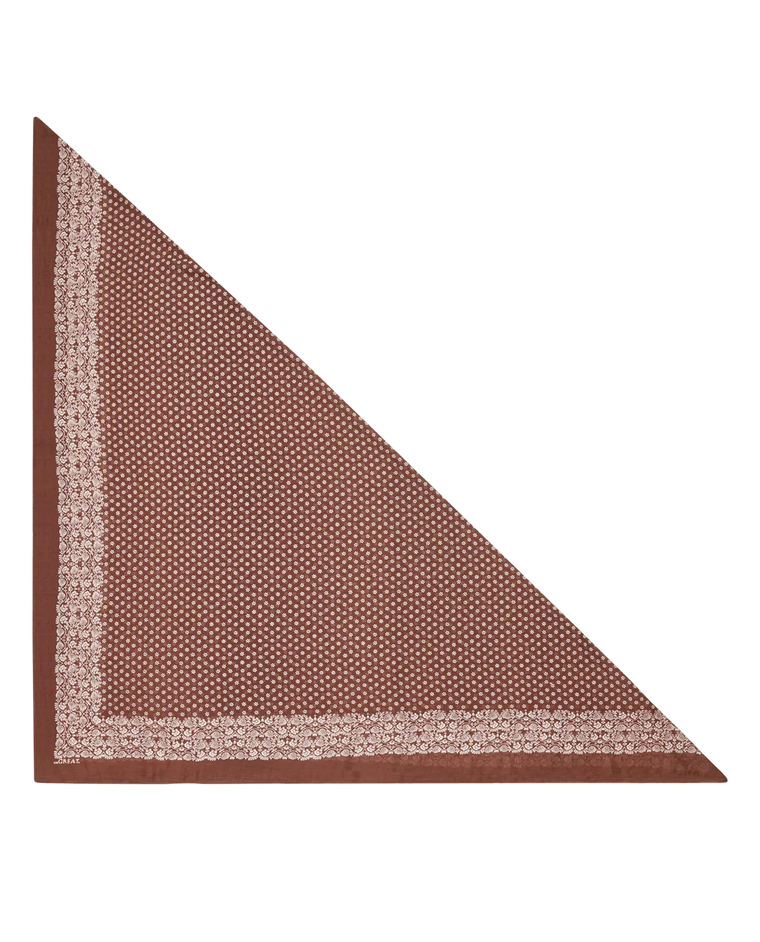 A triangular scarf or bandana in a warm brown color, featuring a dense small-scale floral pattern and a contrasting cream-colored border, shown on a plain white background.