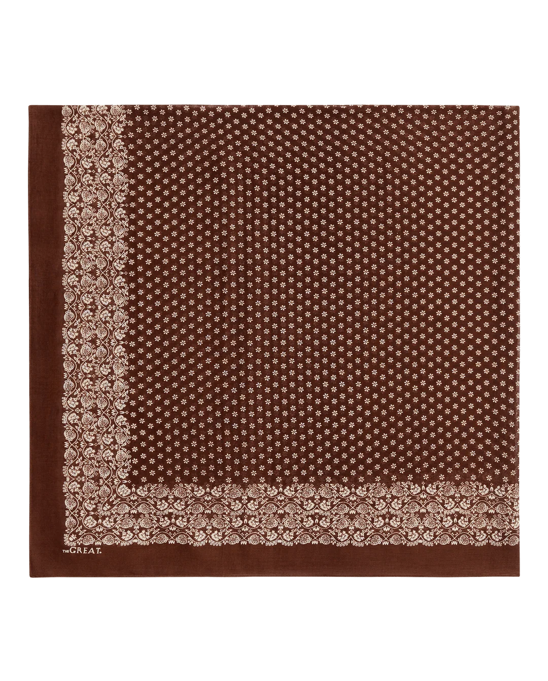 A square brown silk scarf with a dense small dot pattern and ornate floral borders, featuring the 'GALAF' brand name in the bottom-left corner.