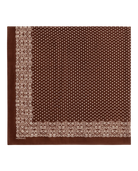 A square brown silk scarf with a dense small dot pattern and ornate floral borders, featuring the 'GALAF' brand name in the bottom-left corner.