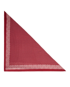 A folded red square scarf or handkerchief with a small white geometric pattern and a decorative border, displayed on a solid white background.