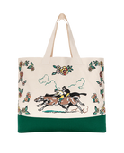 Tote bag with horse racing design and floral elements on a white background