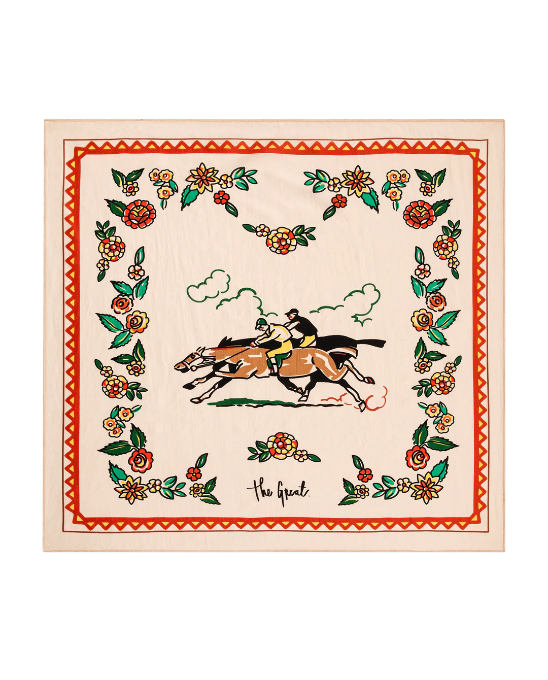 Decorative scarf with horse and rider design on a beige background