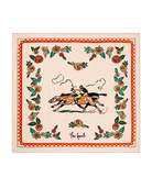 Decorative scarf with horse and rider design on a beige background