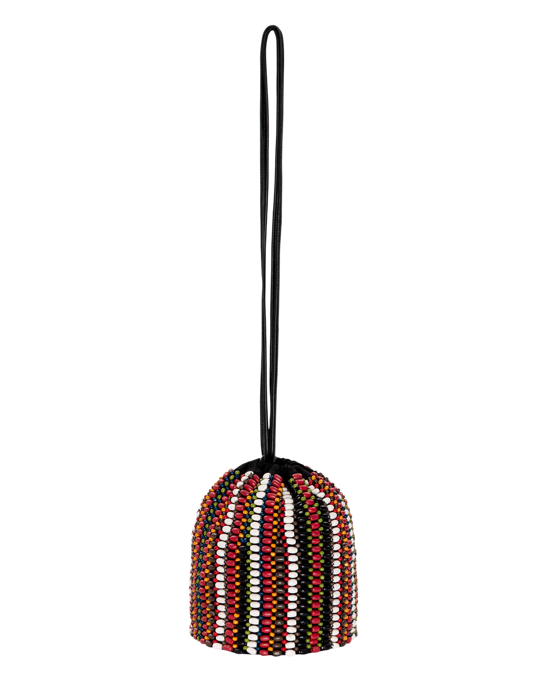 Decorative beaded object with a black handle on a white background
