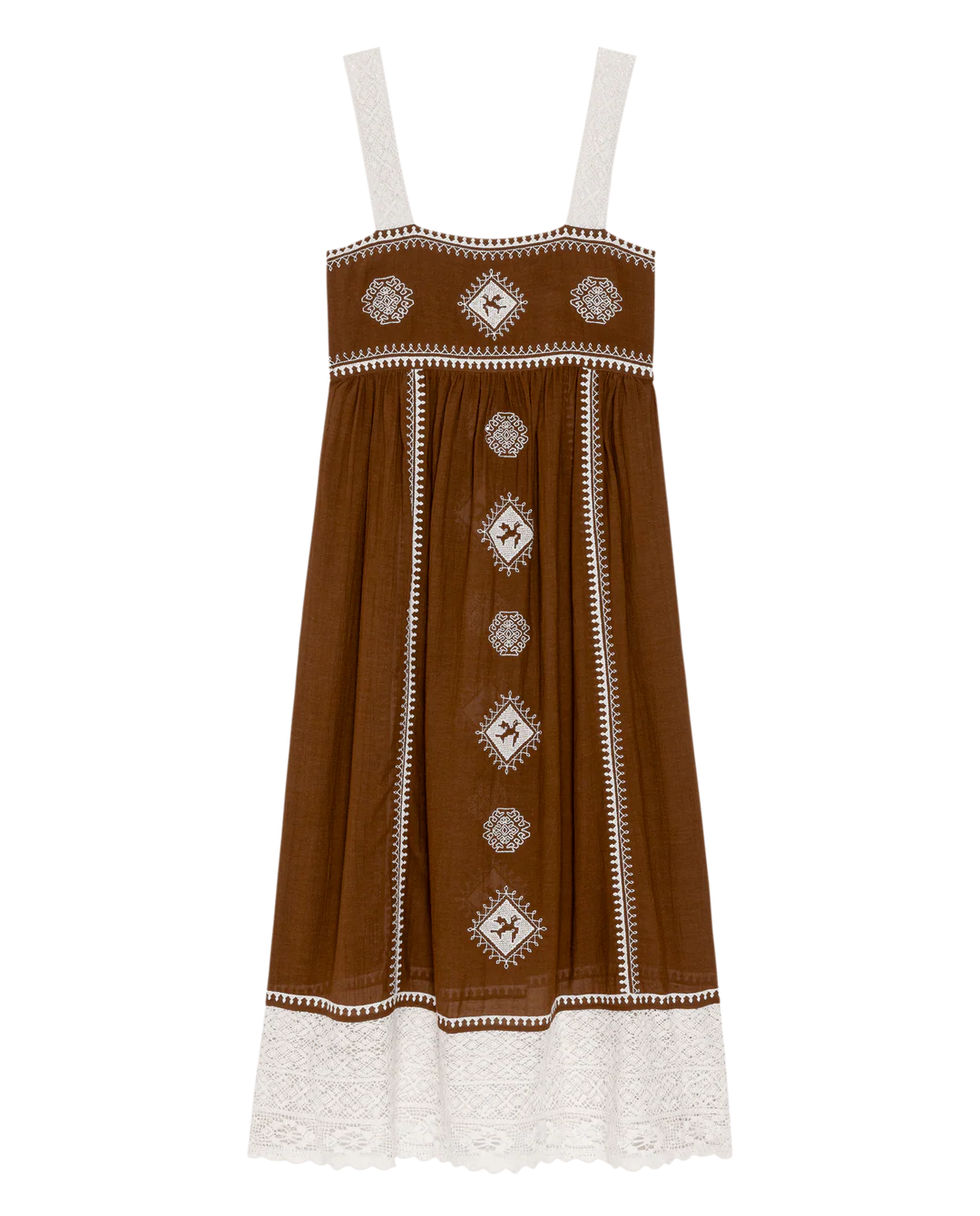 Brown dress with white lace details on a white background