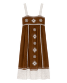 Brown dress with white lace details on a white background