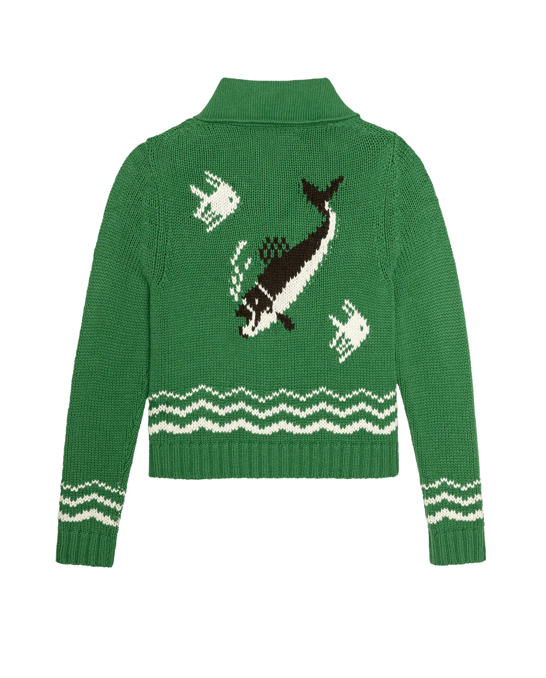 Green sweater with whale design on a white background