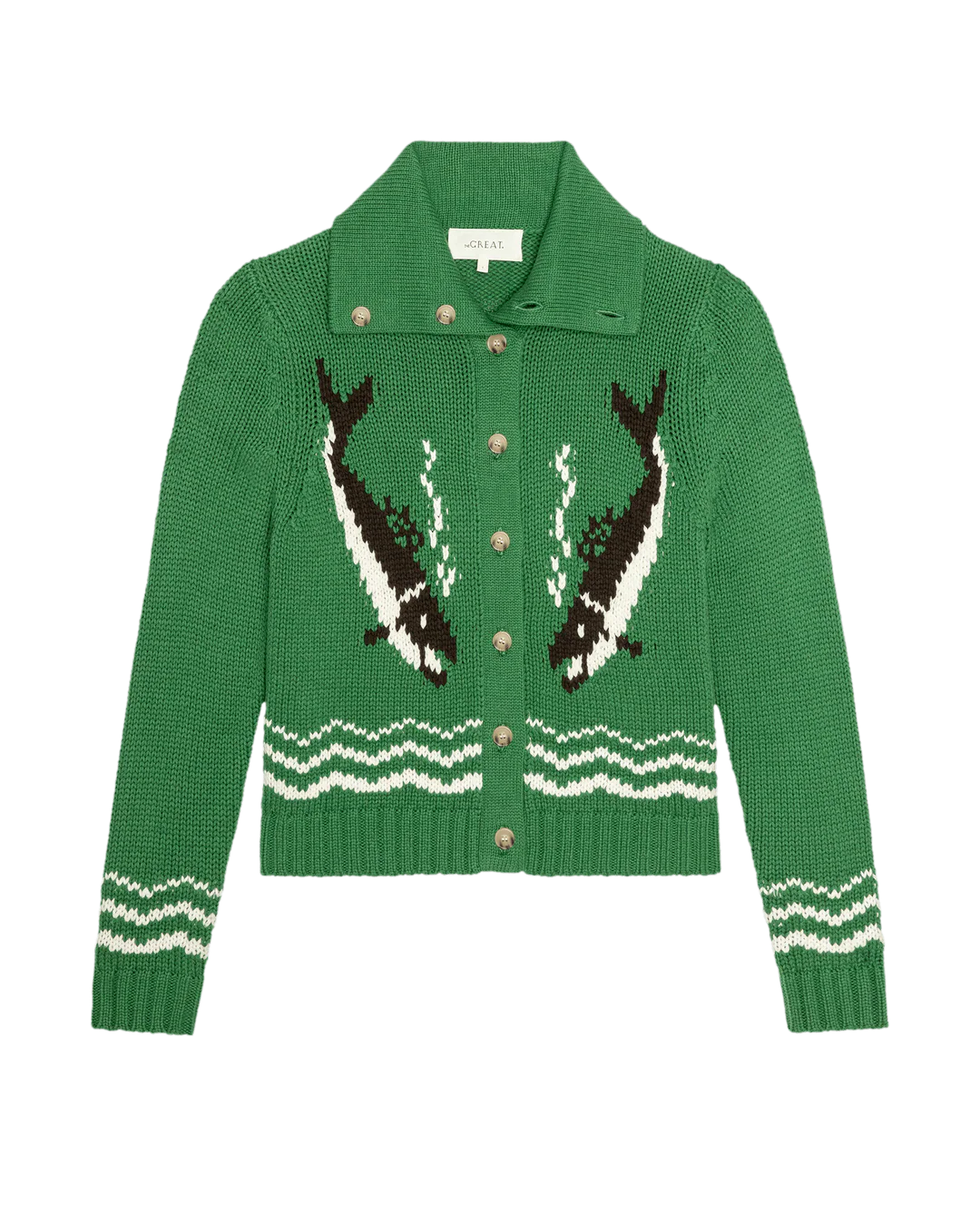 Green knitted cardigan with whale design on a white background