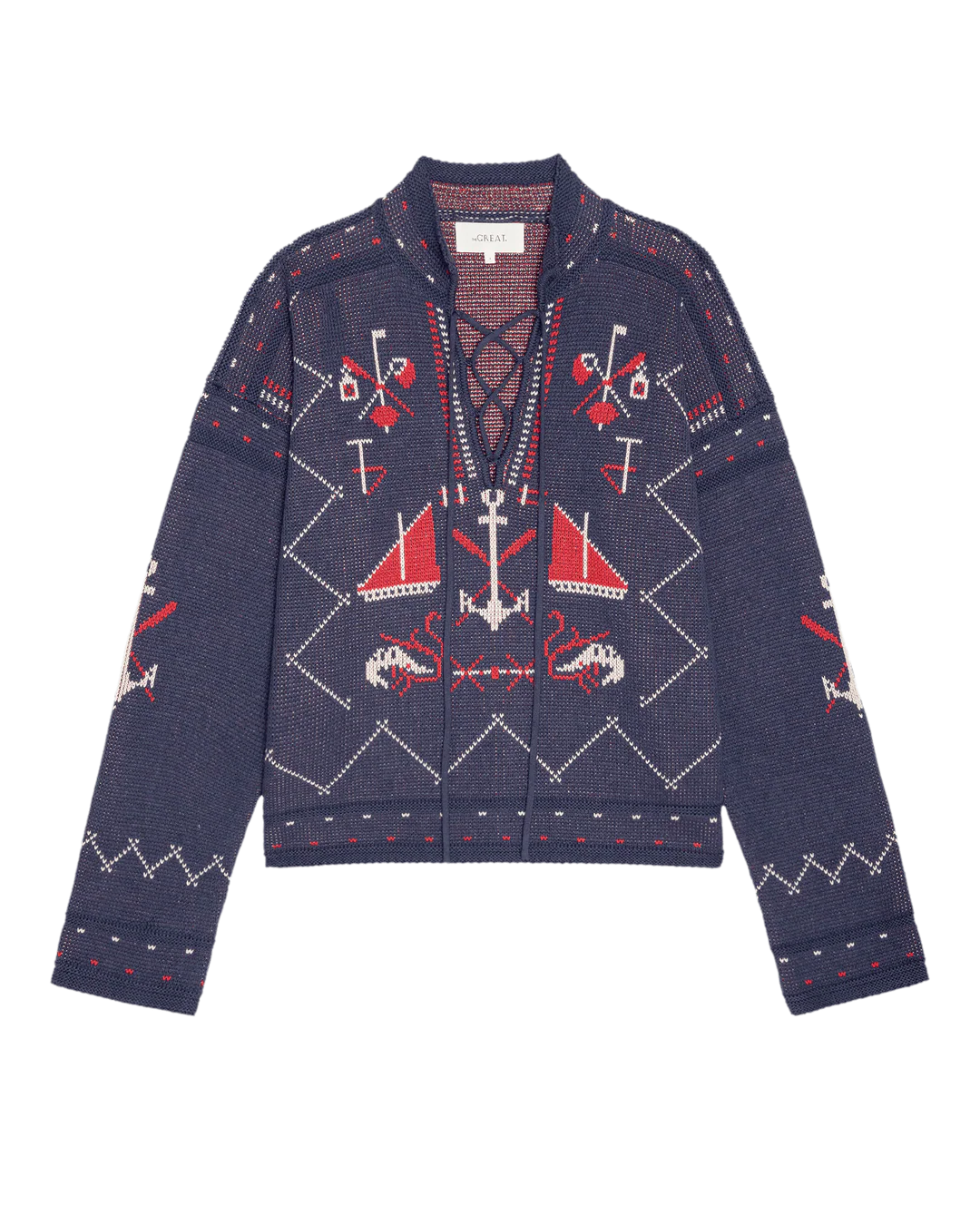 Navy blue sweater with red and white patterns on a white background