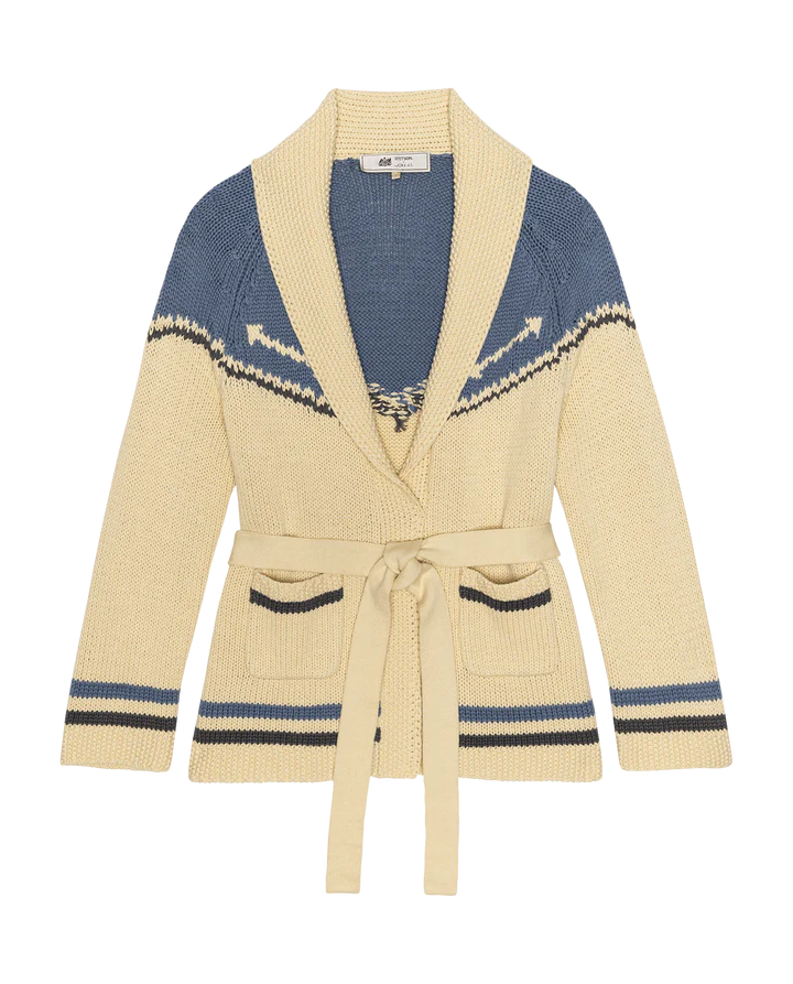 Beige cardigan with blue accents on a white background