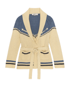 Beige cardigan with blue accents on a white background