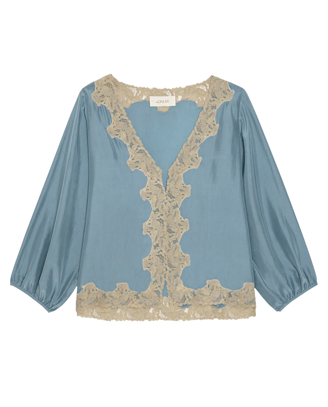 Blue blouse with lace detailing on a white background