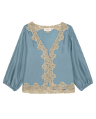 Blue blouse with lace detailing on a white background