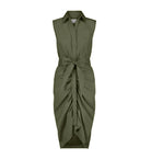 Green sleeveless dress with a tie waist on a white background