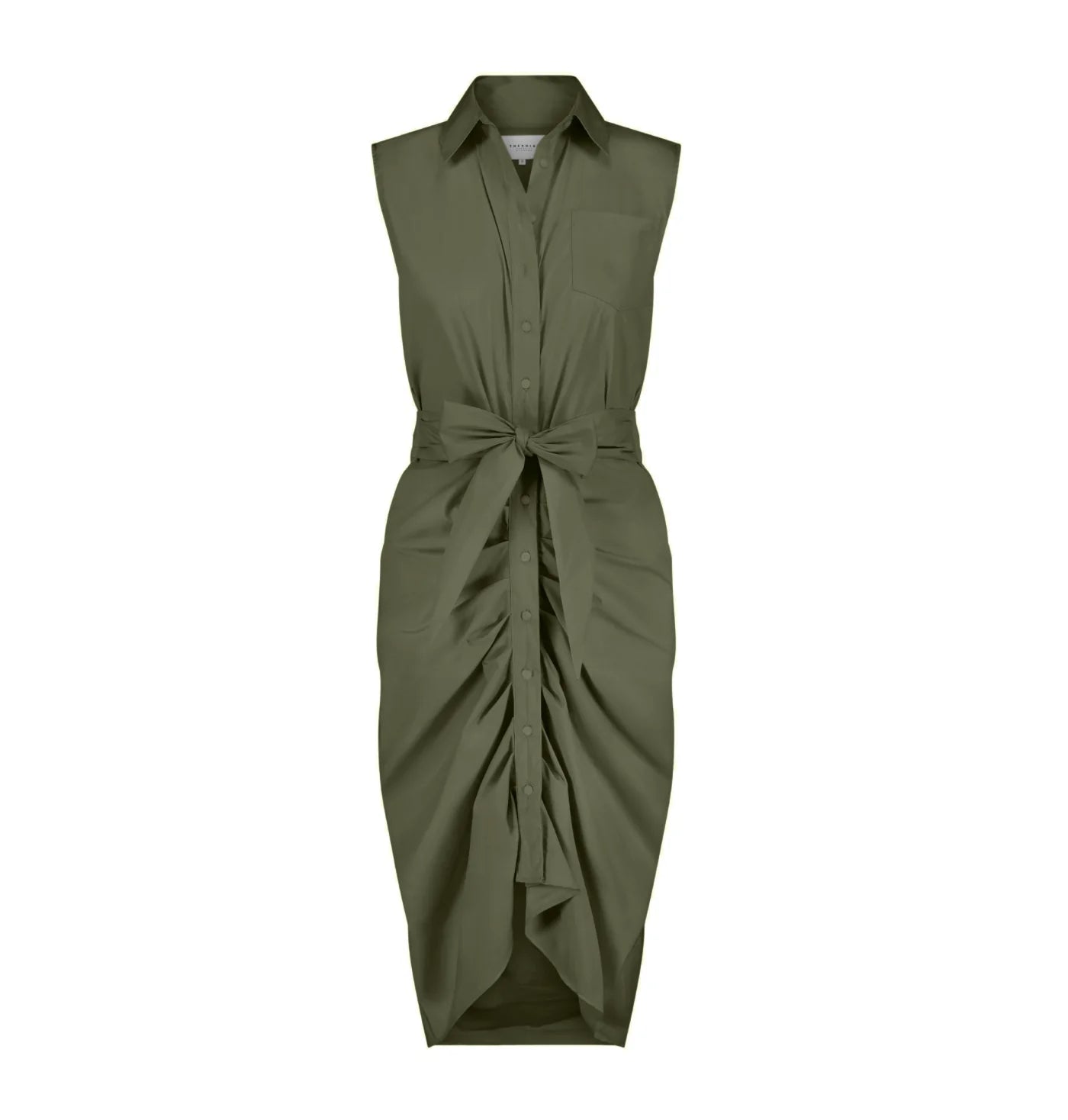 Green sleeveless dress with a tie waist on a white background