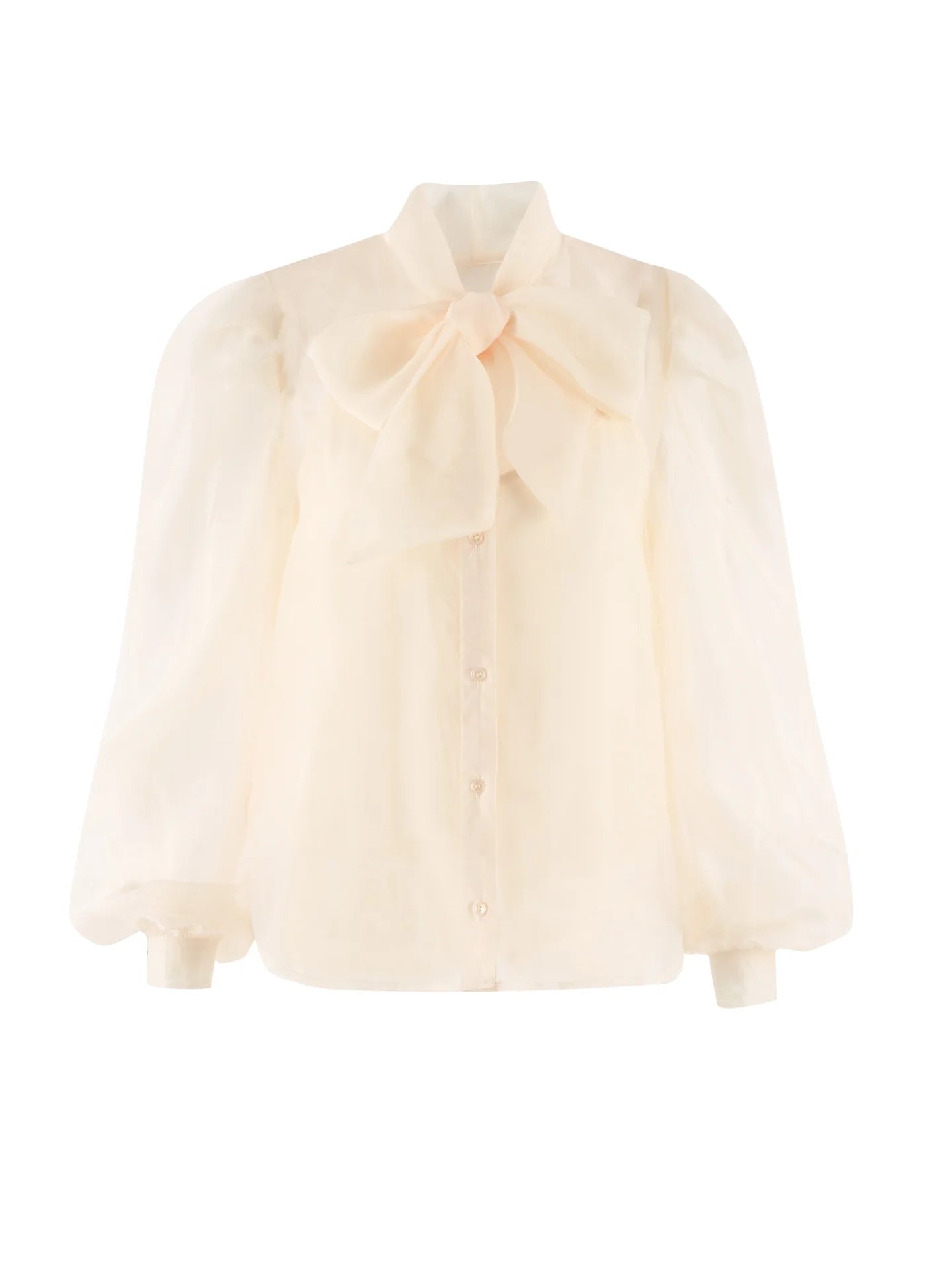 Cream-colored blouse with a bow neckline on a white background