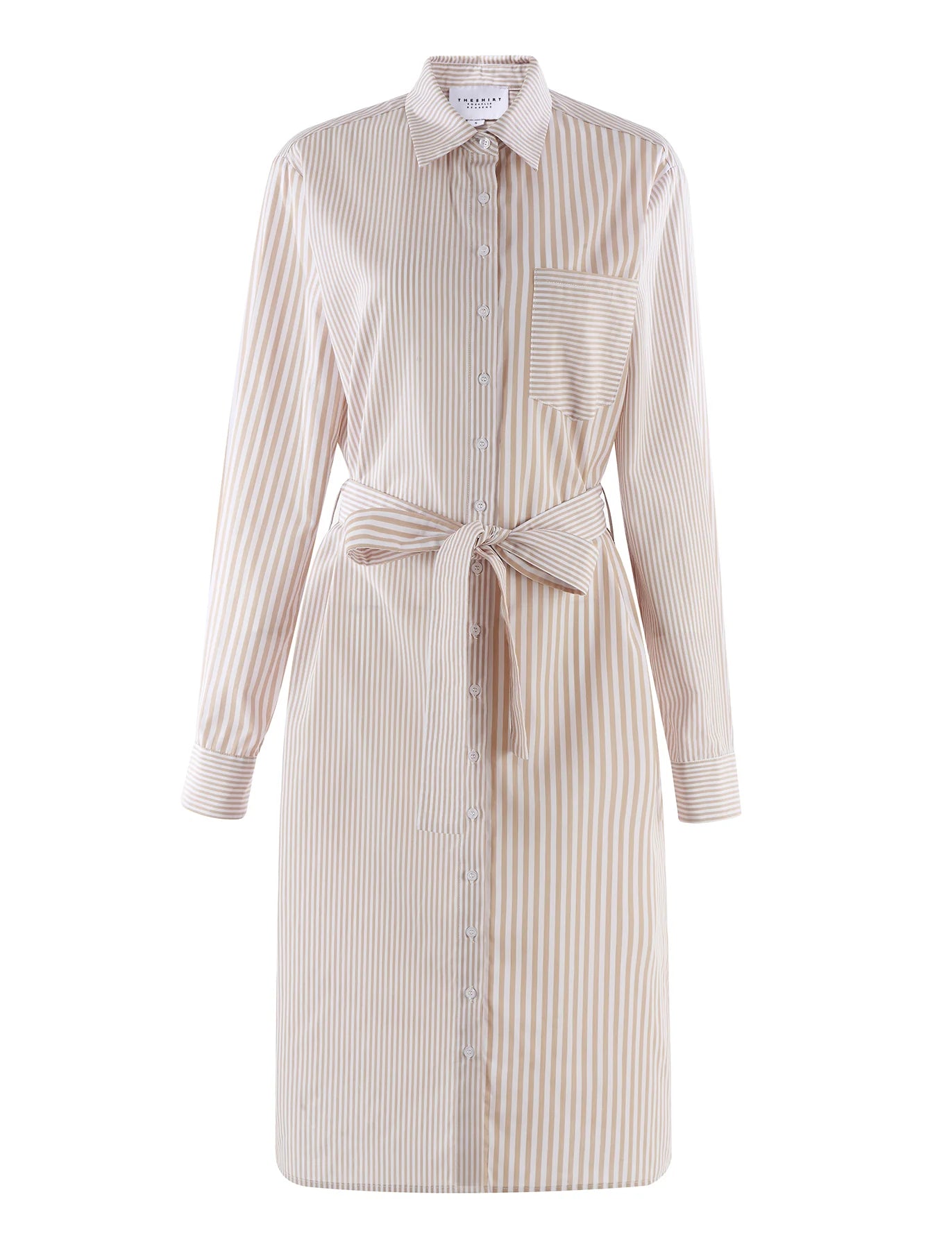 Beige and white striped dress with a belt on a white background