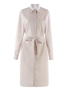 Beige and white striped dress with a belt on a white background
