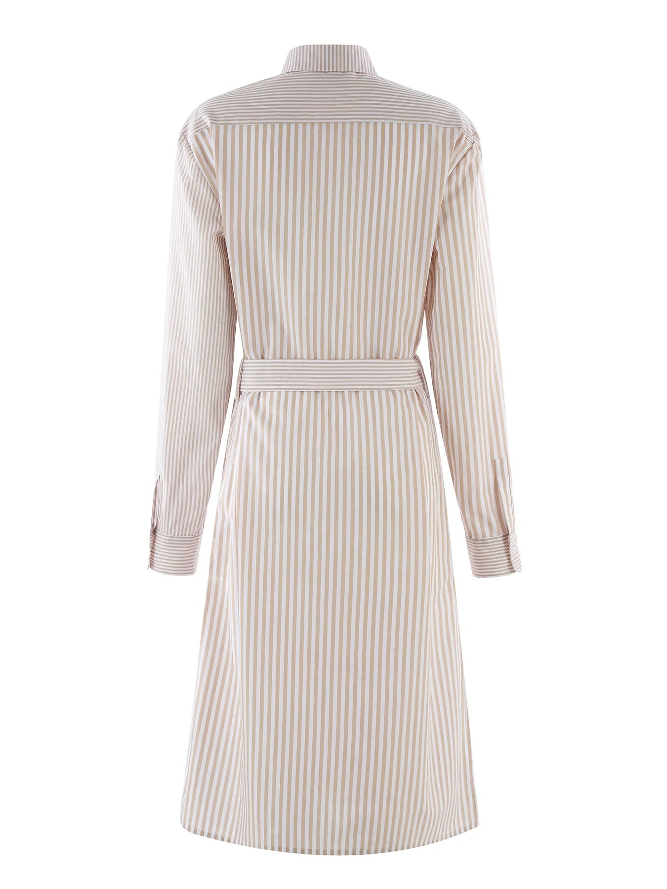 Beige and white striped dress on a white background