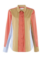 Color-blocked shirt with brown, red, and blue stripes on a white background