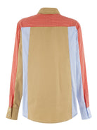 Beige shirt with red and blue striped sleeves on a white background