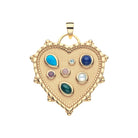 Gold heart-shaped pendant with multicolored gemstones on a white background