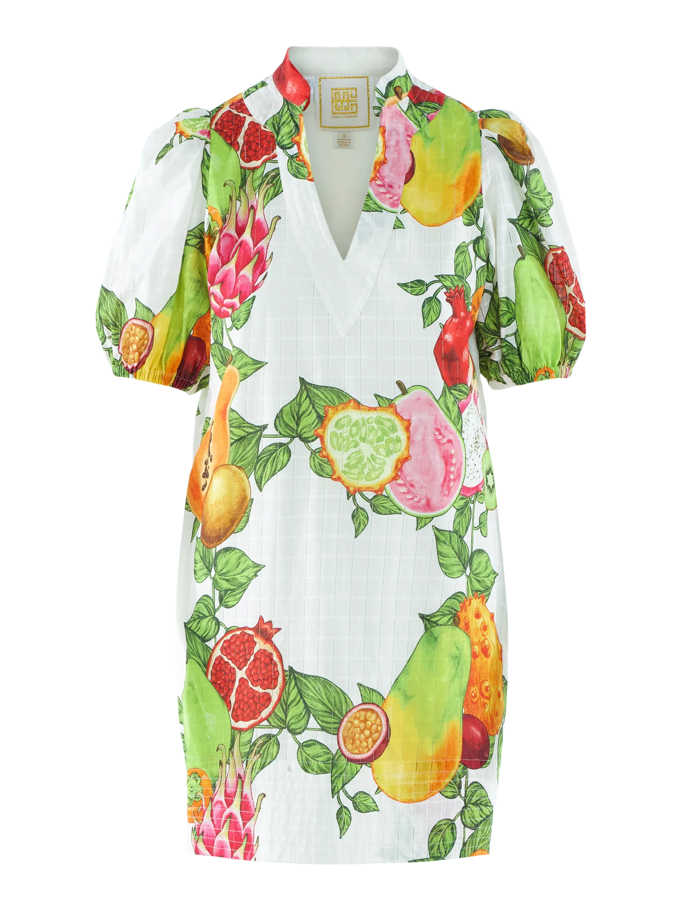 Dress with colorful fruit pattern on a white background